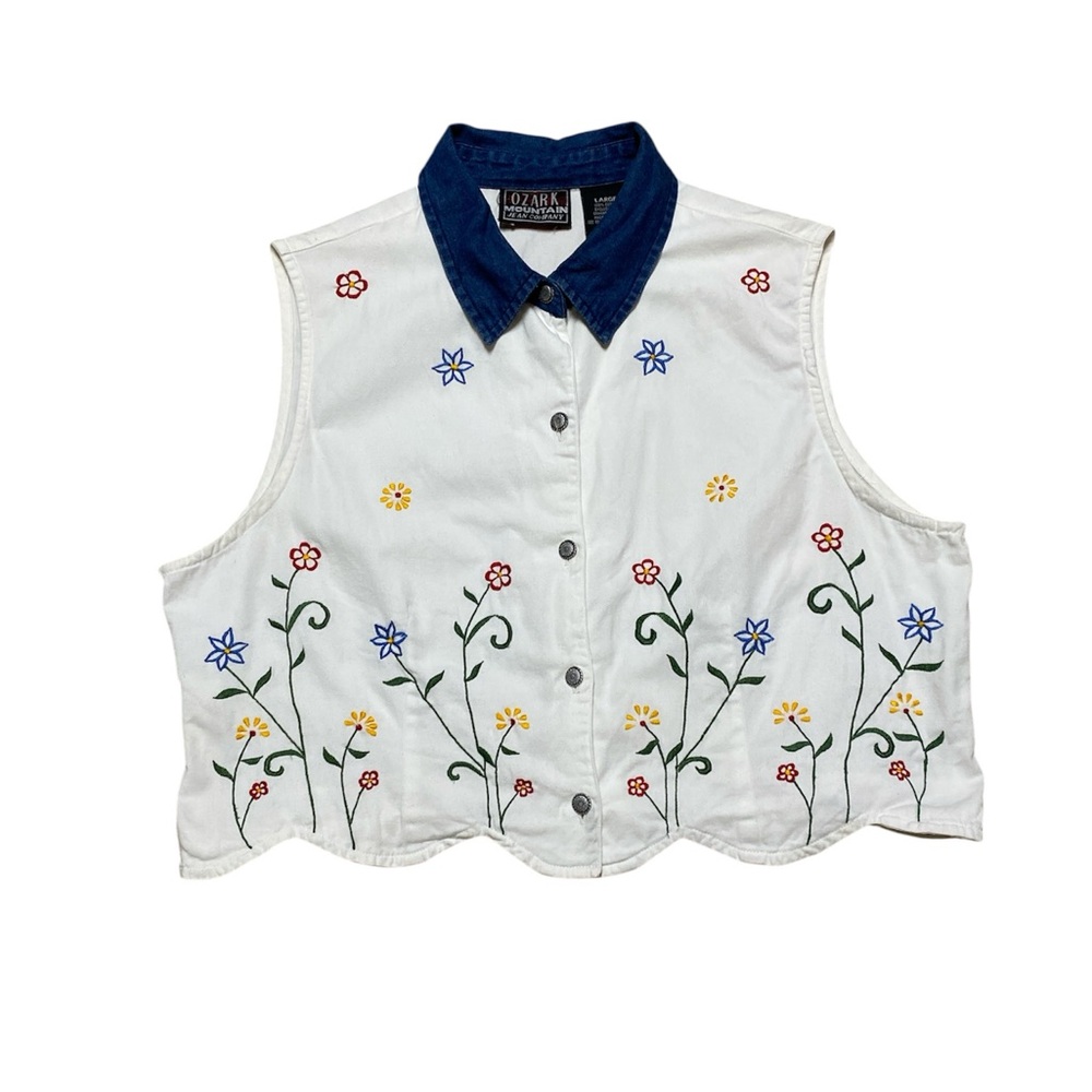 Vintage Ozark Mountain Sleeveless Blouse Women L Embroidered Floral Tank Top 90s